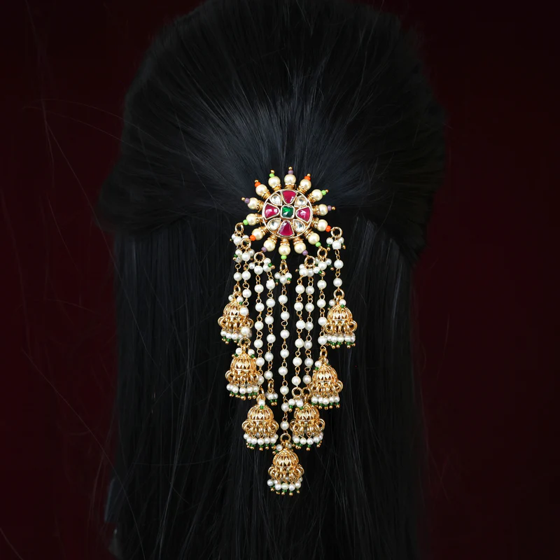Pachi Kundan 7 Jhumkas Hanging Chakri Hair Choti